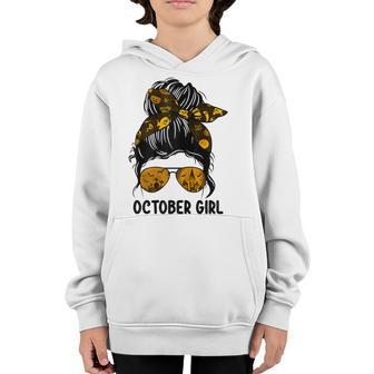 Womens October Girl Halloween Messy Bun Lady Hair Sunglasses Funny Youth Hoodie - Thegiftio UK