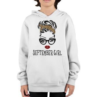 Womens September Girl Woman Face Wink Eyes Leopard Bandana Birthday V2 Youth Hoodie - Thegiftio UK