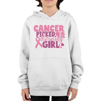 Cancer Picked The Wrong Girl Pink Ribbon Breast Cancer Graphic Design Printed Casual Daily Basic Youth Hoodie - Thegiftio UK