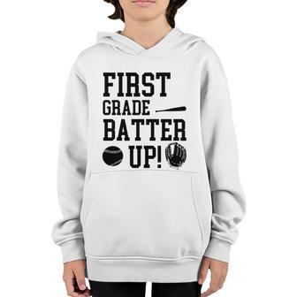 First Grade Batter Up Baseball Back To School 1St Grade Graphic Design Printed Casual Daily Basic Youth Hoodie - Thegiftio UK