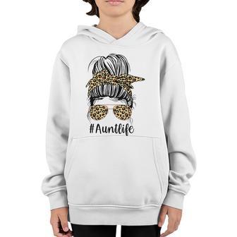 Leopard Aunties Aunt Life Funny Messy Bun Girl Mothers Day Youth Hoodie - Thegiftio UK