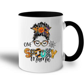 One Spooky Mama For Halloween Messy Bun Mom Monster Bleached Accent Mug - Seseable