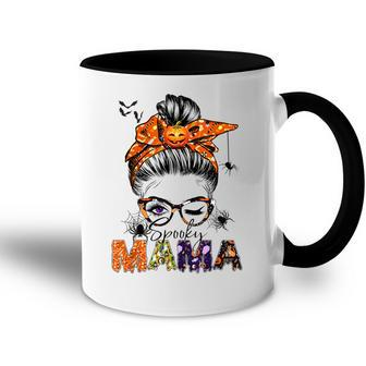 One Spooky Mama For Halloween Messy Bun Mom Monster Bleached V2 Accent Mug - Seseable