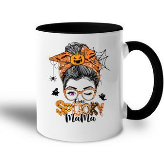 One Spooky Mama For Halloween Messy Bun Mom Monster Bleached V3 Accent Mug - Seseable