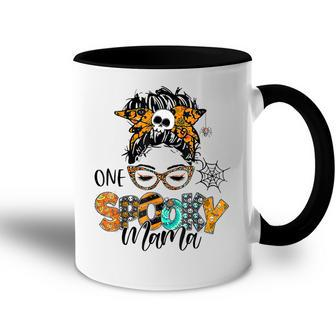One Spooky Mama For Halloween Messy Bun Mom Monster Bleached V4 Accent Mug - Seseable