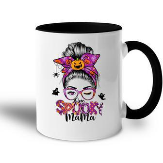 One Spooky Mama For Halloween Messy Bun Mom Monster Bleached V6 Accent Mug - Seseable