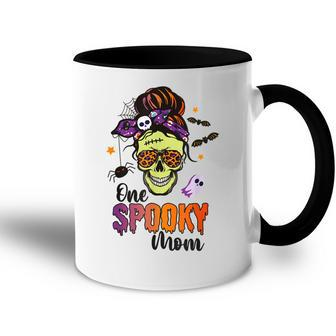 One Spooky Mama Mom Halloween Skull Messy Hair Bun Mother Accent Mug - Seseable