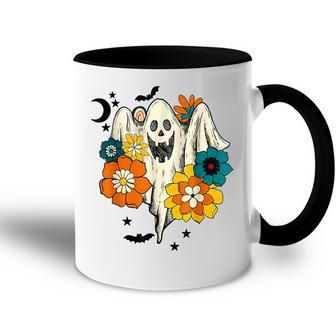 Retro Vintage Groovy Pumpkin Halloween Colors Flower Ghost Accent Mug - Thegiftio UK