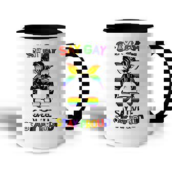Say Gay Say Love Stay Proud Messy Bun Mom Lgbtq Human Rights Accent Mug - Thegiftio