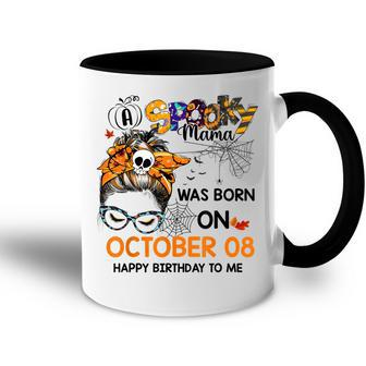 Spooky Mama Born On October 8Th Birthday Bun Hair Halloween Accent Mug - Seseable