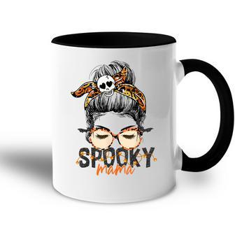 Spooky Mama Halloween Costume Skull Mom Leopard Messy Bun Accent Mug - Seseable