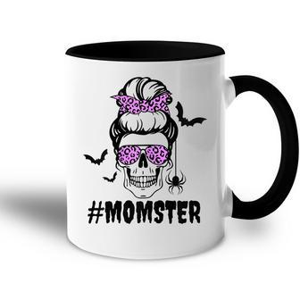 Womens Momster Funny Halloween Costume Skull Mom Messy Bun Accent Mug | Seseable UK