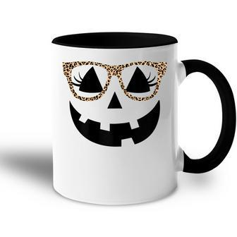 Womens Pumpkin Face Leopard Glasses With Eyelashes Halloween Accent Mug - Seseable