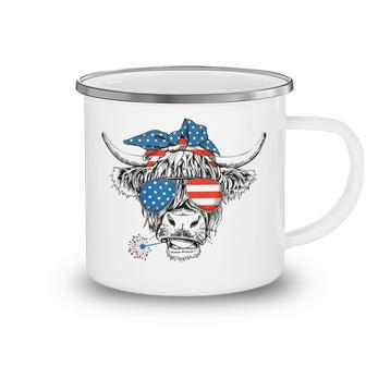Funny Highland Cow Us Flag Glasses Patriotic July 4Th Camping Mug - Thegiftio