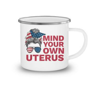 Mind Your Own Uterus My Choice Messy Bun Us Flag Feminist Camping Mug - Thegiftio UK