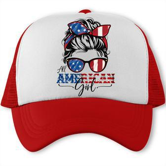 All American Girl 4Th Of July Women Messy Bun Usa Flag V2 Trucker Cap - Seseable