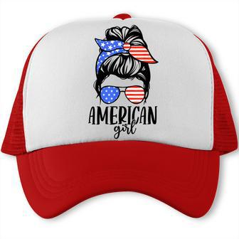 American Girl Messy Hair Bun Usa Flag Patriotic 4Th Of July Trucker Cap - Seseable