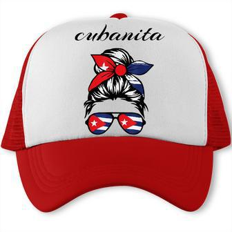 Cubanita Messy Hair Woman Bun Free Cuba Flag For Girls  Trucker Cap