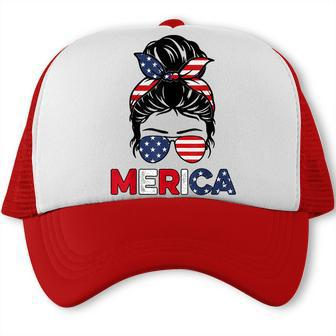 Merica Mom Girl American Flag Messy Bun Hair 4Th Of July Usa V2 Trucker Cap - Seseable