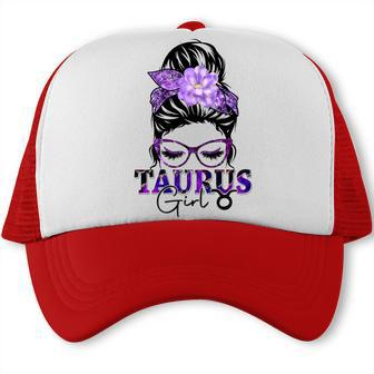 Taurus Girl Birthday Messy Bun Hair Purple Floral Trucker Cap | Seseable CA