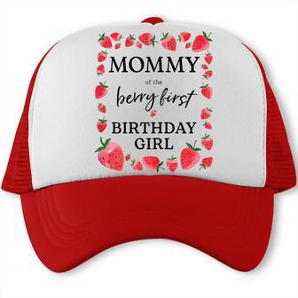 Womens Mommy Of The Berry First Birthday Girl Sweet One Strawberry Trucker Cap | Seseable UK