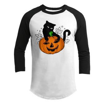 Black Cat On Pumpkin Halloween Cute Cat Costume Kids Girls Youth Raglan Shirt - Thegiftio UK