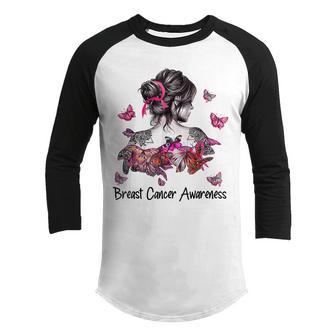 Breast Cancer Ribbon Butterfly Girl In October We Wear Pink Youth Raglan Shirt - Thegiftio UK