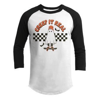 Creep It Real Halloween Kids Ghost Skateboarding Spooky Vibe Youth Raglan Shirt - Thegiftio UK
