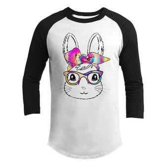 Cute Bunny Rabbit Face Tie Dye Glasses Girl Happy Easter Day Youth Raglan Shirt - Thegiftio UK