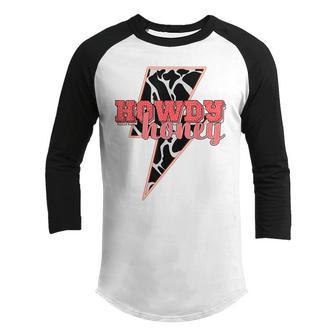 Desert Lightning Bolt Howdy Honey Cow Print Western Cowgirls Youth Raglan Shirt - Thegiftio UK