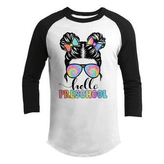 Funny Back To School Messy Bun Hello Preschool Girls Kids Youth Raglan Shirt - Thegiftio UK