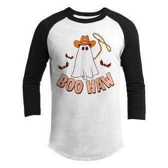 Funny Halloween Boo Haw Ghost Funny Cowboy Cowgirl Western Youth Raglan Shirt - Thegiftio UK