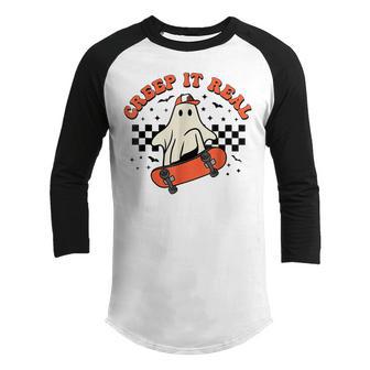 Funny Halloween Creep It Real Retro Skateboarding Ghost Kids V2 Youth Raglan Shirt - Thegiftio UK