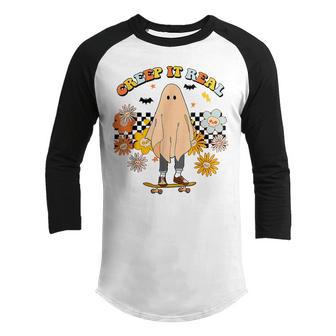Funny Halloween Creep It Real Retro Skateboarding Ghost Kids Youth Raglan Shirt - Thegiftio UK