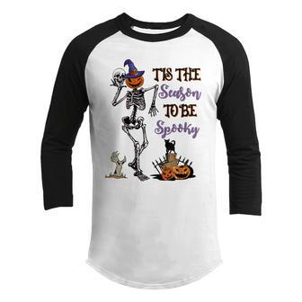 Funny Tis The Season To Be Spooky Skeleton Halloween Pumpkin Youth Raglan Shirt - Thegiftio UK