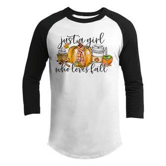 Funny Women Just A Girl Who Loves Fall Pumpkin Spice Leaves Youth Raglan Shirt - Thegiftio UK
