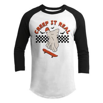 Ghost Halloween Sweating Sucks Skeleton Boys Creep It Real Youth Raglan Shirt - Thegiftio UK