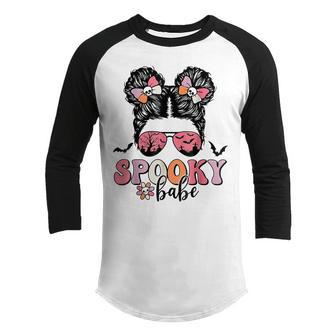 Halloween Funny Messy Bun Girl Spooky Babe Season Groovy Youth Raglan Shirt - Thegiftio UK