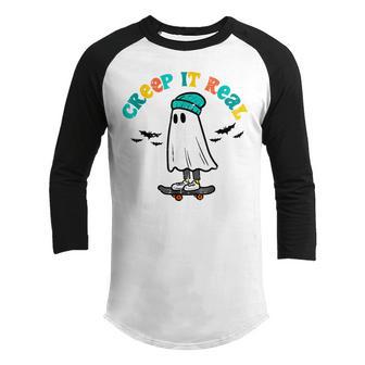 Halloween Ghost Skateboard Creep It Real Retro Skater Boys Youth Raglan Shirt - Thegiftio UK