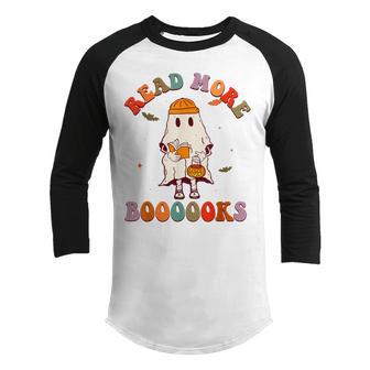 Halloween Groovy Read More Books Cute Boo Ghost Reading Kids V2 Youth Raglan Shirt - Thegiftio UK