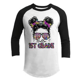 Hello 1St First Grade Daughter Messy Bun Back To School Girl Youth Raglan Shirt - Thegiftio UK