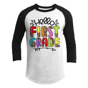 Hello First Grade 1St Grade Back To School Leopard Youth Raglan Shirt - Thegiftio UK