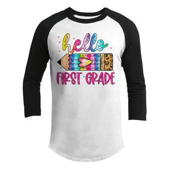 Hello First Grade Leopard Tie Dye Pencil Cute Teacher Youth Raglan Shirt - Thegiftio UK