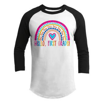 Hello First Grade Rainbow Back To School Teacher Kids Youth Raglan Shirt - Seseable