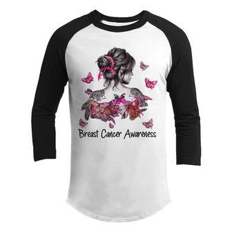 In October We Wear Pink Women Girls Butterfly Breast Cancer Youth Raglan Shirt - Thegiftio UK