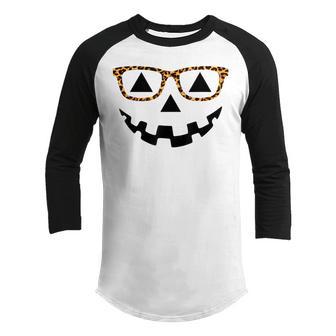 Jack O Lantern Face Pumpkin Halloween Leopard Glasses Girls Youth Raglan Shirt - Thegiftio UK