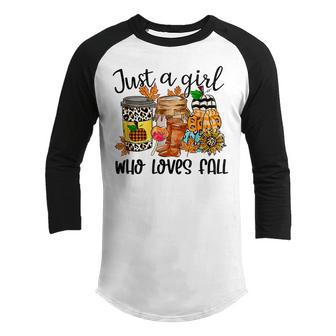 Just A Girl Who Loves Fall Leopard Pumpkin Fall Vintage Youth Raglan Shirt - Thegiftio UK