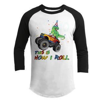 Kids 10 Years Old T Rex Dinosaur Monster Truck 10Th Birthday Boys Youth Raglan Shirt - Thegiftio UK