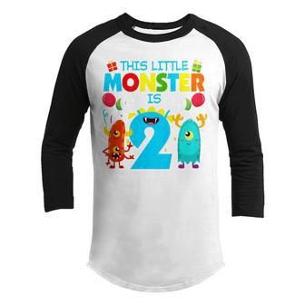 Kids 2 Year Old Gifts This Little Monster Is 2Nd Birthday Boy Youth Raglan Shirt - Thegiftio UK