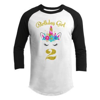 Kids 2 Years Old Gifts 2Nd Birthday Girl Funny Unicorn Face Youth Raglan Shirt - Thegiftio UK